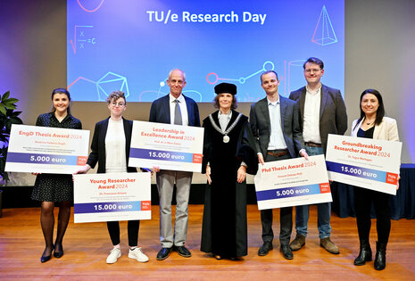 Alle winnaars van de Research Awards 2024. Van links naar rechts: Beatrice Federici, Francesca Grisoni, Marc Geers, Vincent Debets, Calum Ryan en Tugce Martagan. Foto: Bart van Overbeeke. 