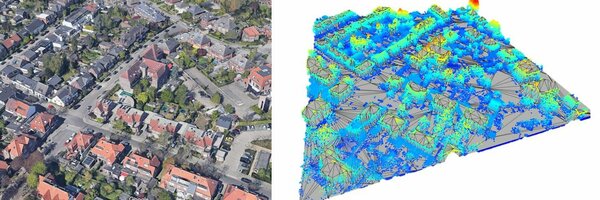 Links een satellietbeeld van de wijk Villapark in Eindhoven. Rechts een 3d-model van dezelfde buurt. De gekleurde puntenwolk is gebaseerd op LiDAR-data en geeft de beschaduwing en 'masking' van de daken weer.