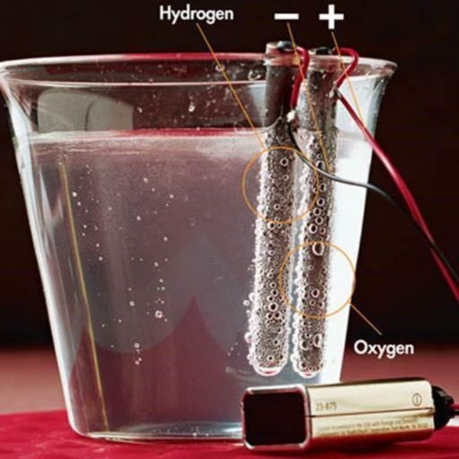 Electrolyse van water in waterstofgas (hydrogen) en zuurstofgas (oxygen) Foto: (2019) Theodore Gray periodictable.com used with permission.