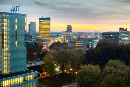 De TU/e-campus met zicht naar de stad Eindhoven. Foto: Bart van Overbeeke