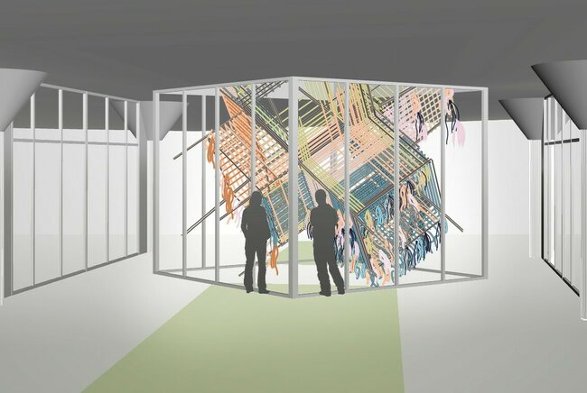 Loom Room will hang in Neuron's atrium, which connects two floors in the center of the building. The upper floor is open; the lower floor is enclosed with glass. Jongerius will create a vertical installation where textile threads lead down from the ceiling. On the first floor, the threads form a textile cube in a twisted and tilted position.