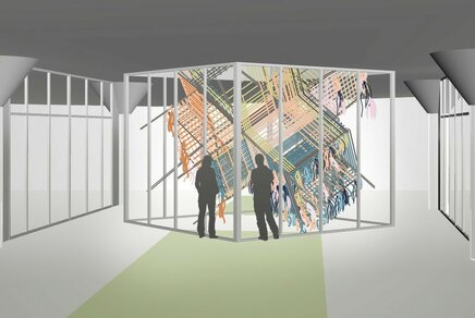 Loom Room will hang in Neuron's atrium, which connects two floors in the center of the building. The upper floor is open; the lower floor is enclosed with glass. Jongerius will create a vertical installation where textile threads lead down from the ceiling. On the first floor, the threads form a textile cube in a twisted and tilted position.