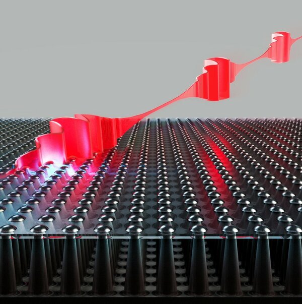 Artist's redering of the intraction of single incident photon pulsesand a tapered semiconductor nanowire array photodetector (Photo: University of Waterloo) 